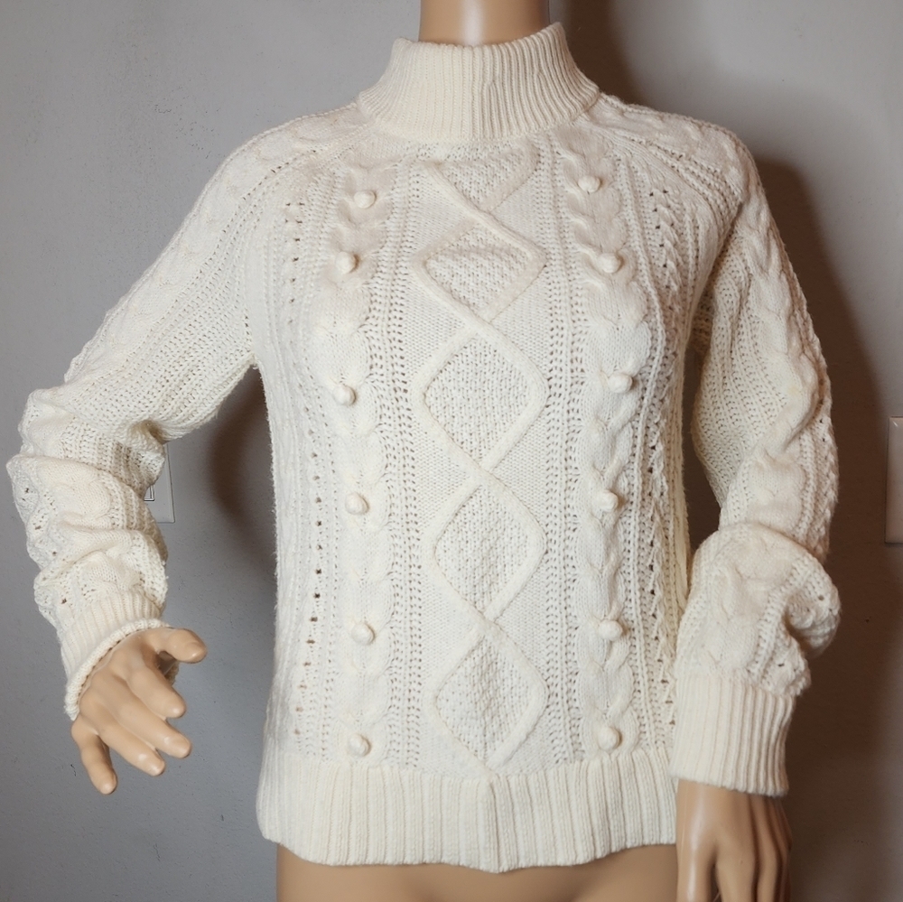 J. Crew Lambs-wool blend Cream Pom-pom cable-knit sweater. Size XS